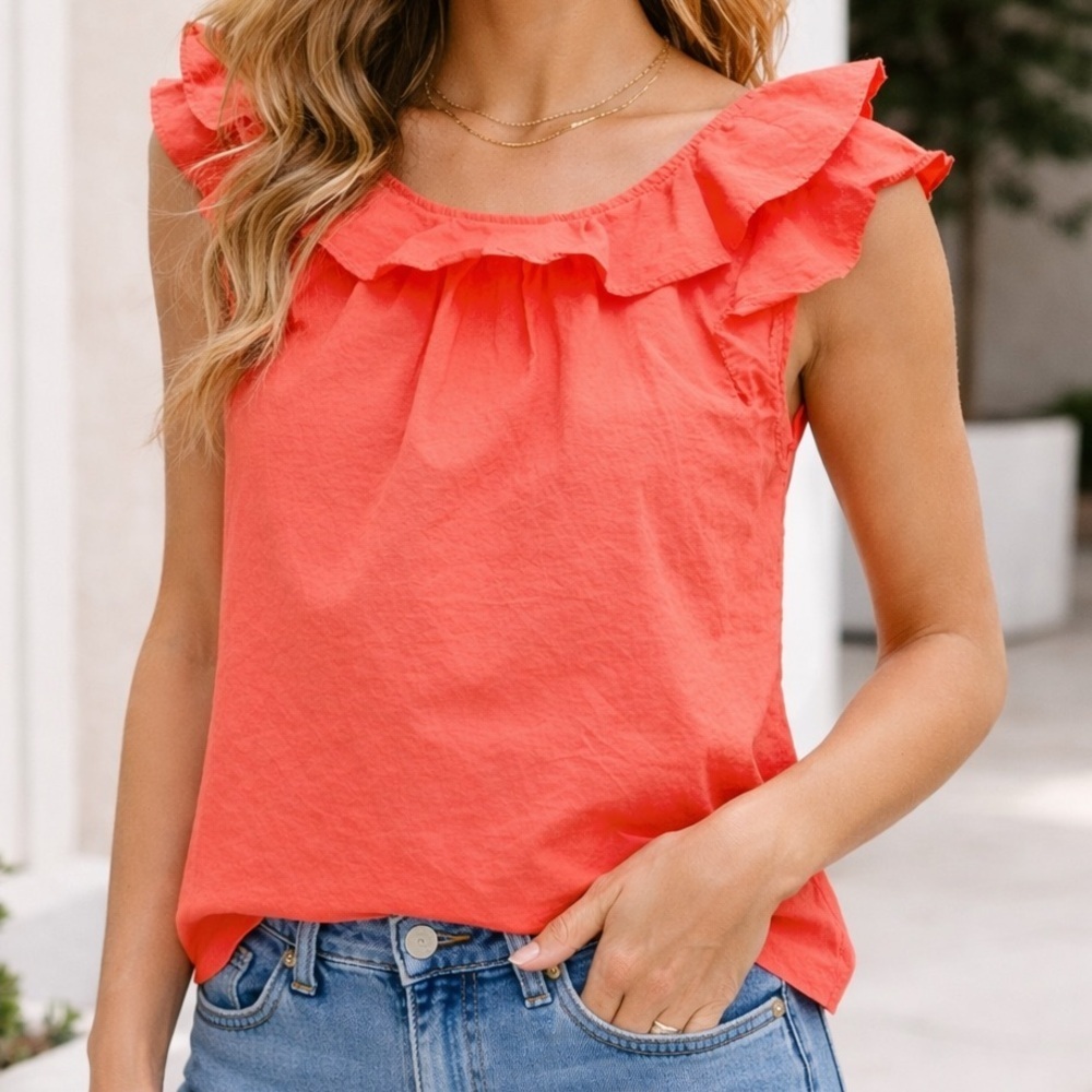 J.Crew Coral Ruffle Trim Sleeveless Poplin Blouse Tank Size 4